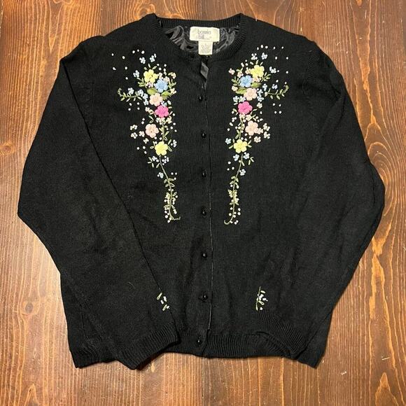 Vintage Bonnie and Bill Floral Embroidered Cardigan Black Large Feminine - Picture 2 of 7